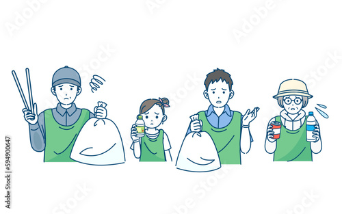 ボランティア活動　ゴミ拾いをする人達が困るイラスト