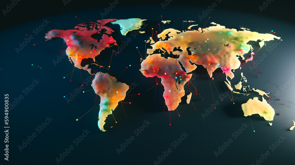 world map, with different areas highlighted in different colors to indicate the spread of an epidemic  Generative AI