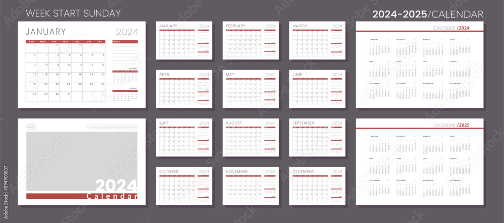 2024 - 2025 Calendar Planner Template. Vector layout of a wall or desk simple calendar with week start sunday. Set of monthly, annual and cover page calendar in minimalist corporate design for print. 2024 - 2025 Calendar Planner Template. Vector layout of a wall or desk simple calendar with week start sunday. Set of monthly, annual and cover page calendar in minimalist corporate design for print.