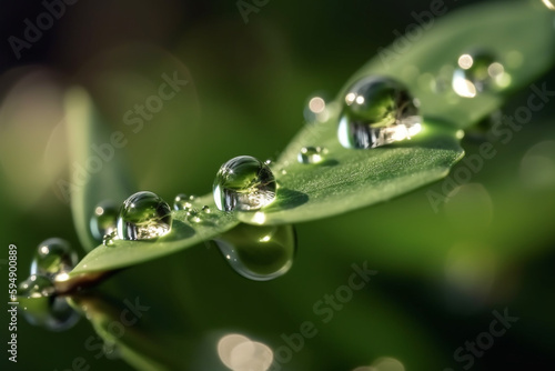 a close - up view of water droplets on a green leaf. Generative Ai