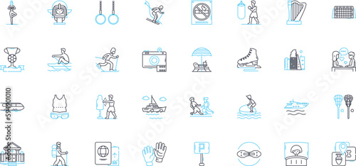 Adventure pursuits linear icons set. Climbing, Hiking, Skydiving, Bungee jumping, Surfing, Rafting, Rock climbing line vector and concept signs. Snowboarding,Mountain biking,Parkour outline