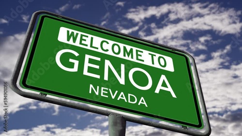Welcome to Genoa, Nevada, US City Road Sign Close Up Realistic 3D Animation