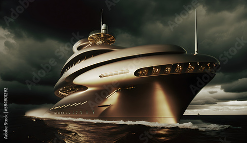 bronze futuristic yacht at night © samuel