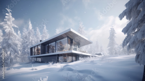 A modern cabin in a snowy wonderland with large window, Generative AI © btiger