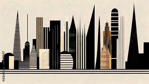 A minimalist graphic design of a city skyline  with black and white lines and geometric shapes bg 3