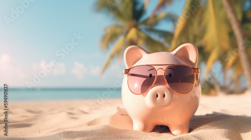 Happy Pink Piggy Bank in Sunglasses with Tropical Sandy Beach, Sea and Palms Background, Copy Space Banner. Save for Vacation, Summer Holidays concept. Generative AI.