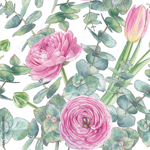 Watercolor floral seamless pattern with pink ranunculus and eucalyptus