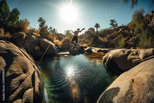 A Man Jumping Off A Rock Into A River With A Stick Desert Canyon Time-lapse Photography Adventure Travel Generative AI