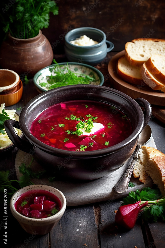 Delicious red borscht soup made from beets and served with a dollop of sour cream in an attractive bowl. Generative AI. Delicious red borscht soup made from beets and served with a dollop of sour cream in an attractive bowl. Generative AI.