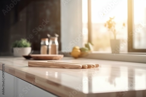 Copy space on kitchen tabletop over blurred background of modern contemporary bright kitchen. Generative AI
