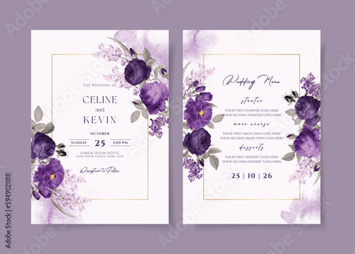 Watercolor wedding invitation template set with romantic purple floral and leaves decoration