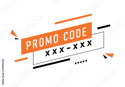 Promo code, coupon code label design. Geometric flat banner. Discount on the banner. Discount icon. Promo code design, coupon voucher sign. Use promo code and buy now