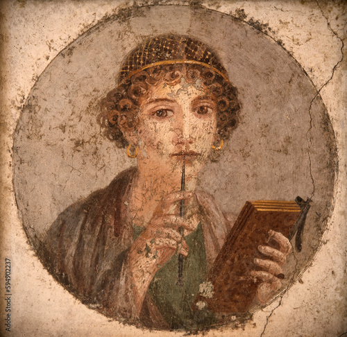 Fresco portrait of woman from Pompei ruins, ancient Rome, Italy