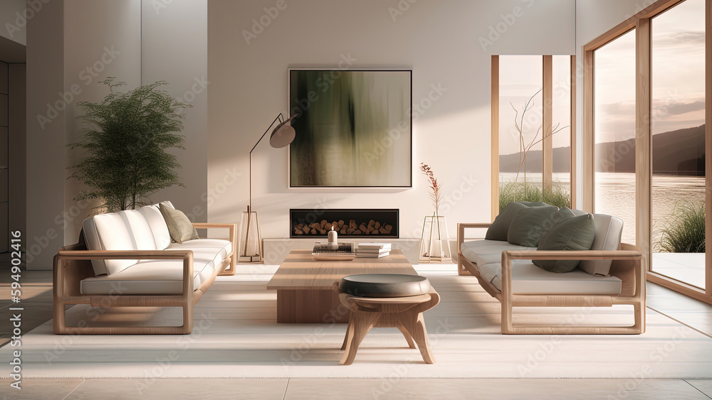 Fototapeta premium A white minimalistic living room with wood furniture, basking in the sunlight from large windows showcasing a peaceful lake view, photorealistic illustration, Generative AI