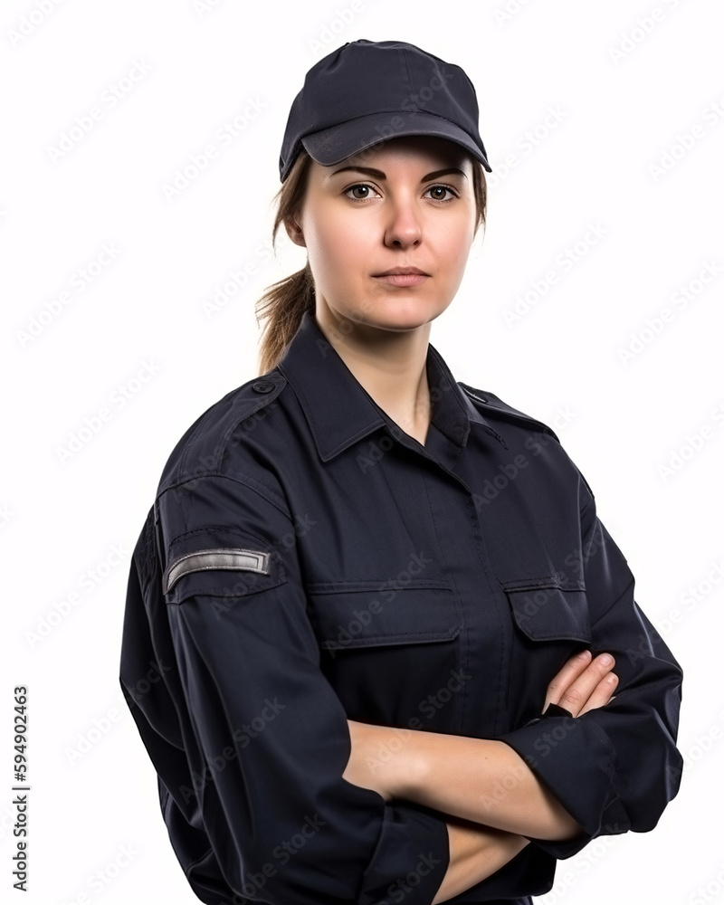 Young Female Mechanic in Work Clothing and Baseball Cap on White Background Young Female Mechanic in Work Clothing and Baseball Cap on White Background