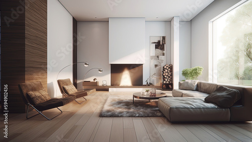A white minimalistic living room with a cozy sofa  fireplace  and a large window offering a beautiful park view  photorealistic illustration  Generative AI
