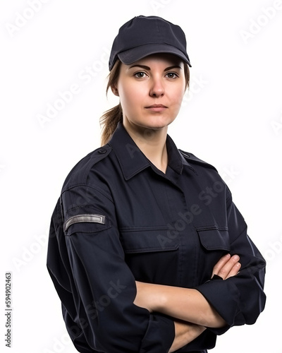 Young Female Mechanic in Work Clothing and Baseball Cap on White Background