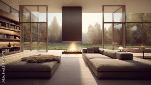 Nature-inspired  spacious living room with fireplace  wood furniture  and high ceiling open to the outdoors  photorealistic illustration  Generative AI
