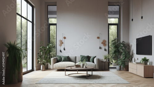 High-ceilinged living room filled with green plants  basking in natural light from large windows overlooking a lush garden view  photorealistic illustration  Generative AI
