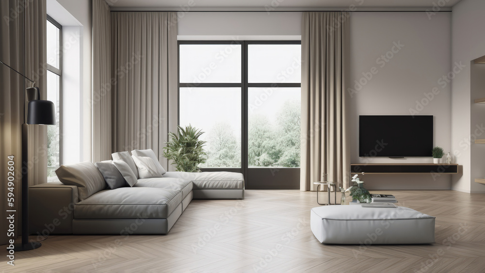 Fototapeta premium A sunlit living room in an apartment with surrounding windows offering a park view, high ceiling, white walls, and wood flooring, photorealistic illustration, Generative AI