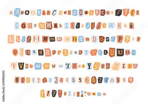 Cut out letters and numbers. Multicolored latin alphabet collection cutting from newspaper, magazine Blackmail, anonymous, ransom note font. Vector symbols, icon set for collage message.