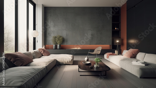 A minimalistic living room with a forest view, sunlit through floor-to-ceiling glass windows, and a fireplace in a small concrete interior, photorealistic illustration, Generative AI