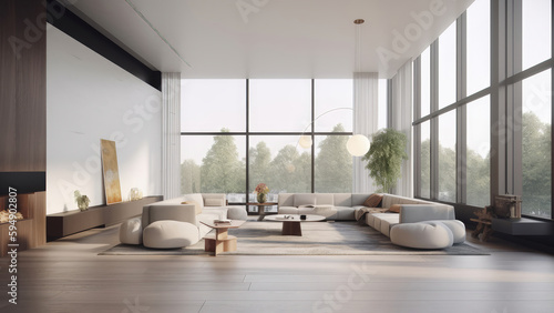 A spacious  sunlit living room with a minimalistic white interior and surrounding glass windows offering a beautiful park view  photorealistic illustration  Generative AI