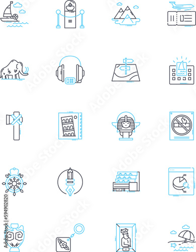 Social gatherings linear icons set. Festivities, Soirees, Gatherings, Parties, Celebrations, Reunions, Mixers line vector and concept signs. Nerking,Galas,Banquets outline illustrations
