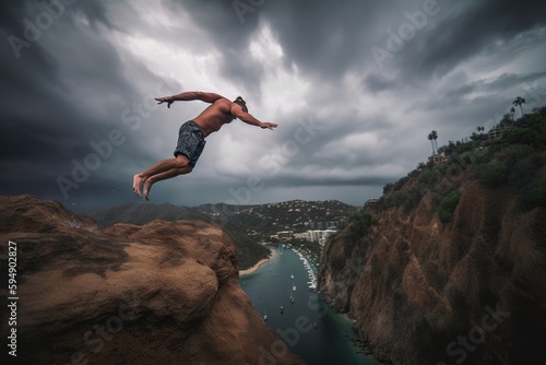 A Man Is Jumping Off A Cliff Into The Water From A Cliff Rock Quarry Travel Photography Travel Photography Generative AI