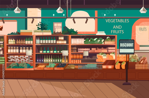 modern grocery shop interior supermarket with food product shelves racks with vegetables fruits and dairy drinks fridge