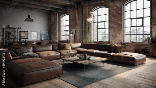 An old loft living room with arched windows, sunlit, featuring a red brick wall and a city view, with a charming wood floor, photorealistic illustration, Generative AI © DIMENSIONS
