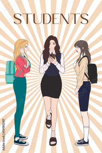 Twenty first century generation z young female students with backpacks and smartphones hand drawn vector