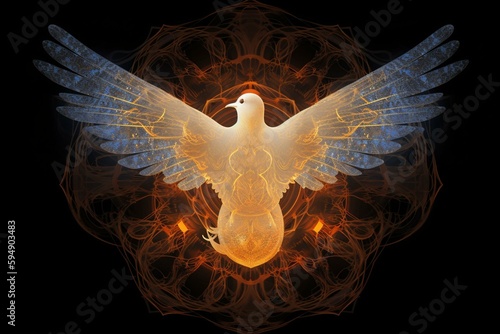 The outpouring of the Holy Spirit and the dawn of golden light: symbols of Easter, the Eucharist and the dove. Generative AI
