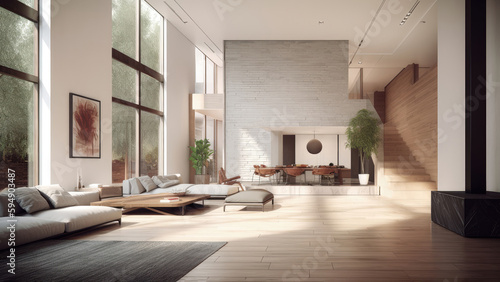 A living room with large windows and a high ceiling, accentuated by white brick and wood finish walls, photorealistic illustration, Generative AI © DIMENSIONS