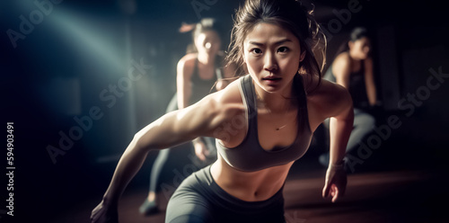 Promote women s health and fitness with this dynamic stock photo of a skilled woman leading an aerobic dance class in cool light tone. generative AI