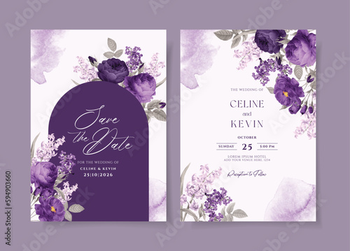 Watercolor wedding invitation template set with romantic purple floral and leaves decoration