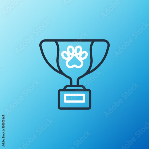 Line Pet award symbol icon isolated on blue background. Medal with dog footprint as pets exhibition winner concept. Colorful outline concept. Vector