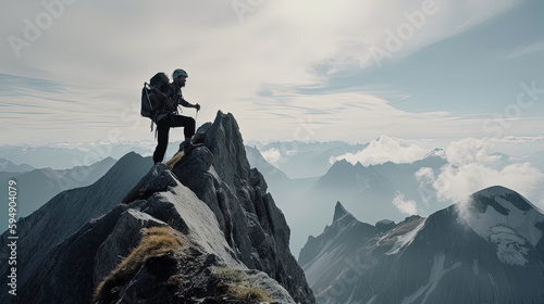Hiker on top of a mountain. Generative AI © AI Studio - R