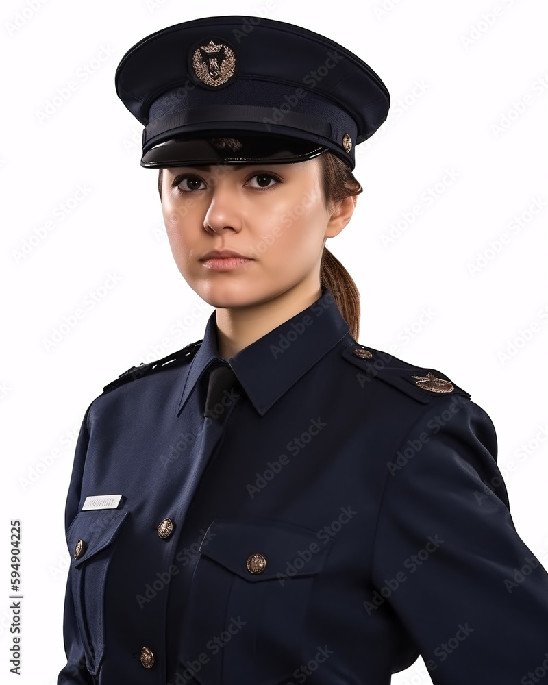 Young Female Police Officer in Uniform Standing on White Background Young Female Police Officer in Uniform Standing on White Background