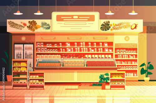 grocery supermarket with products shelves retail consumerism concept modern store interior horizontal