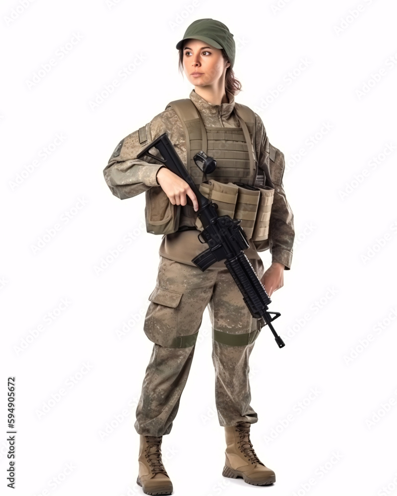 Female Soldier in Camouflage Uniform and Tactical Gear on White Background Female Soldier in Camouflage Uniform and Tactical Gear on White Background