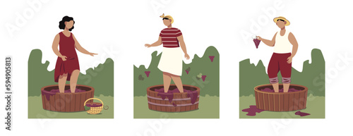 Set of cartoon characters pressing grapes for making wine
