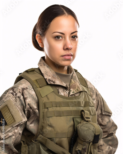 Female Soldier in Camouflage Uniform and Tactical Gear on White Background