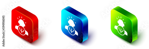Isometric Psychology icon isolated on white background. Psi symbol. Mental health concept, psychoanalysis analysis and psychotherapy. Red, blue and green square button. Vector