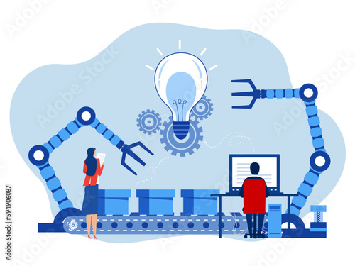 industry robot factory concept industrial packaging system process Robotic system control goods  future production process with infographic chart and people Advanced logistics technology 