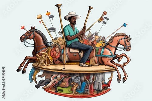 A Man Riding On The Back Of A Horse Drawn Carriage Filled With People Amusement Park Animation Latin American Culture Generative AI