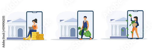 Set of cartoon characters of young people getting profits from their money savings in bank