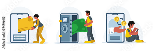 Set of cartoon characters of young people making bank deposits
