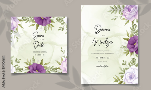 Eegant wedding invitation card with beautiful purple flower