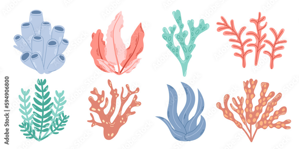 Set of 8 elements of underwater planting. Bright colorful set of seaweed and corals. Modern flat illustration.